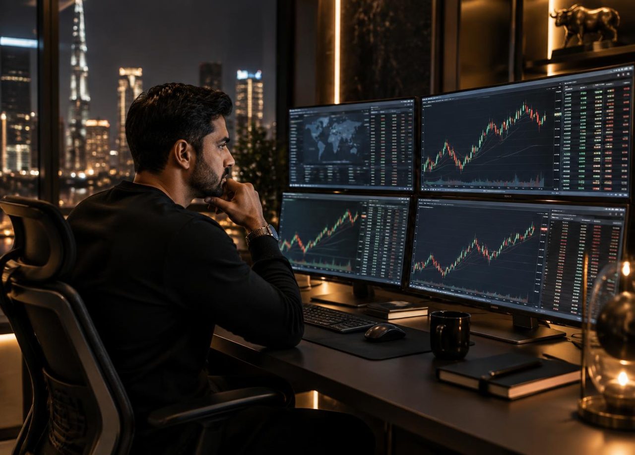 Funded trader studying live market charts at a professional desk