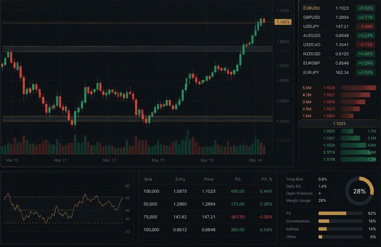 Forex candlestick chart with currency quotations and risk metrics