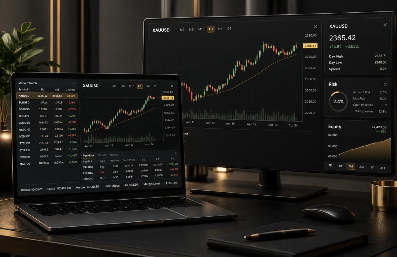 Dark trading platform showing gold charts, forex quotes and account risk