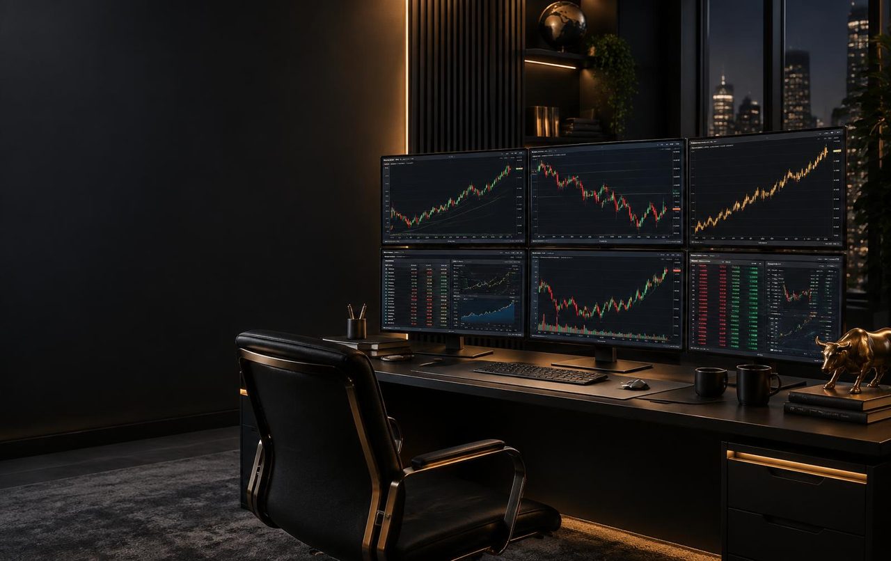 Professional forex trading desk with live candlestick charts and market quotes